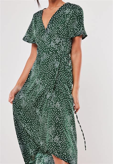 Green Polka Dot Wrap Midi Dress Missguided