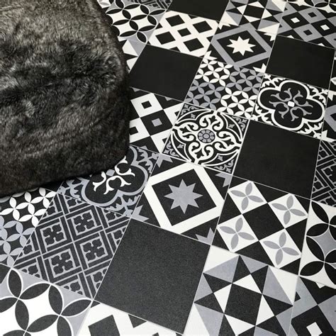 Buy Victorian Tile Effect Sheet Vinyl Flooring Black Grey White Geometric Patterned Kitchen