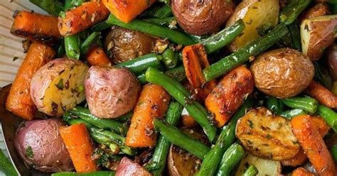 Five ingredients and 10 mins active time. Garlic Herb Roasted Potatoes Carrots and Green Beans ...