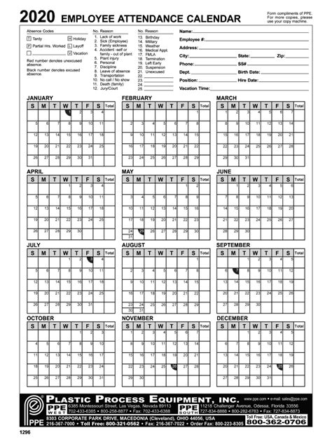Employee Attendance Calendar 2020 Printable