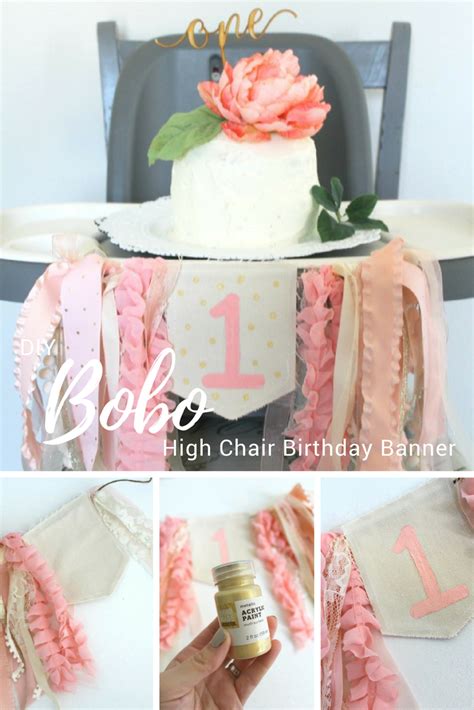 For this method, you will need ribbons, two rolls of different colors of tulle, scissors, decorative flowers, a glue gun, and a banner. DIY Birthday Highchair Banner - Life Anchored