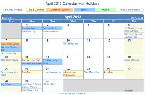 Print Friendly April 2013 Us Calendar For Printing