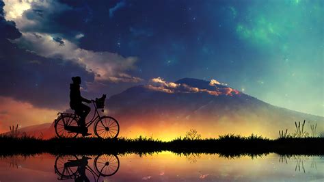 Digital Art Night Scenery Anime Boy Riding Bicycle Sky City