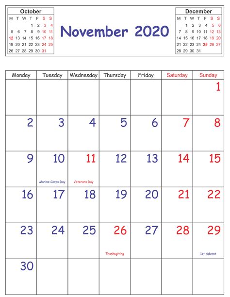 Awesome Printable November Holidays 2020 Calendar Template