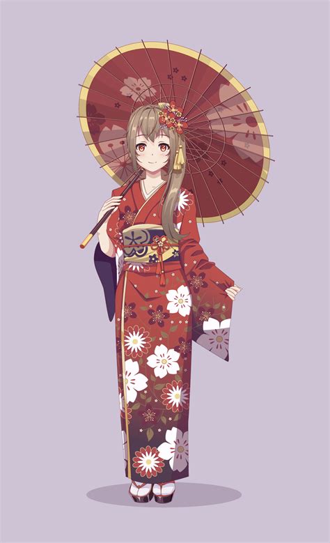 Anime Manga Girls In Traditional Japanese Kimono Costume Holding Paper Umbrella Vector
