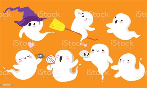 halloween little ghost in cute kawaii style funny smiling samhain ghosts set with skull bat web
