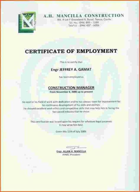 employment certificate work sample certification letter