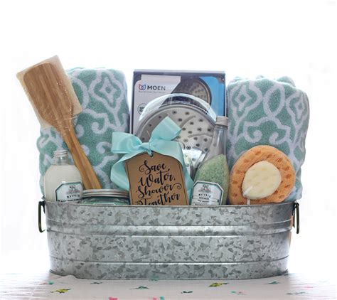 You should also consider the weather and where your reception is taking place when putting together your bathroom baskets. Shower Themed DIY Wedding Gift Basket Idea - The Craft Patch