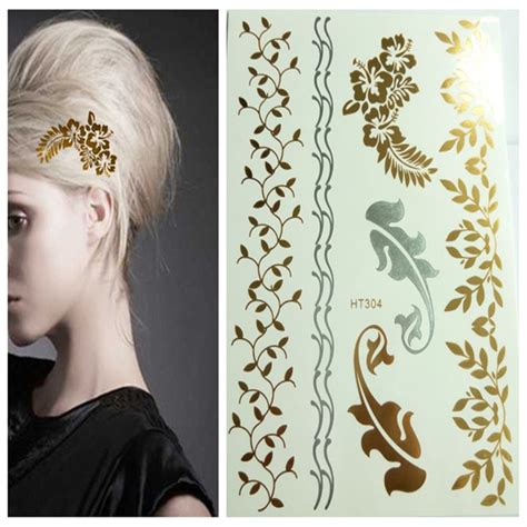 gold flash metallic temporary tattoo shinny golden hair tattoos luxury women make up hair
