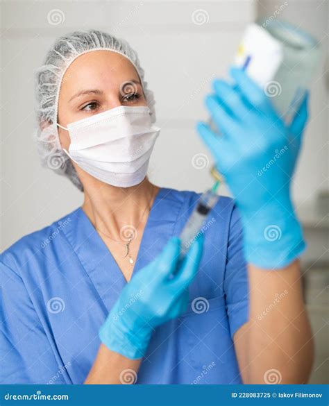 Nurse Fills Syringe With Injection Solution Stock Image Image Of