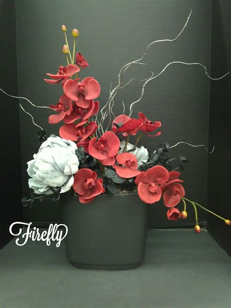 Gray Peony And Red Orchids In Black Vase Floral Arrangement Artificial Flower Arrangements