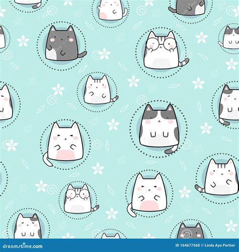 Seamless Pattern Kawaii Cute Cats Stock Vector Illustration Of