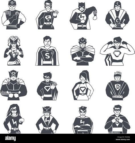 Superhero Black White Icons Set Stock Vector Image And Art Alamy