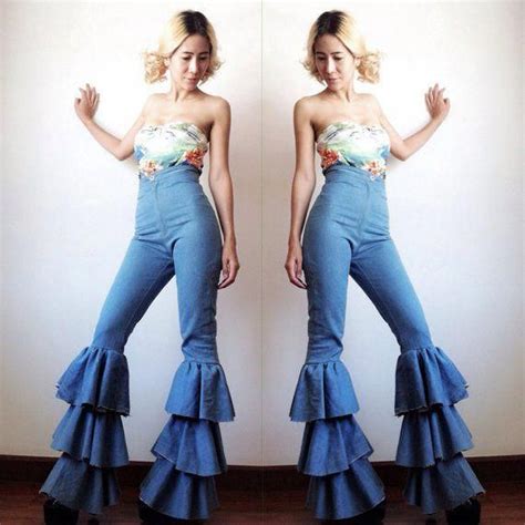 Womens High Waist Fade Blue Jeanssuper Ruffle 3 Tiered Bell Bottom Pants Vintage 70s Style