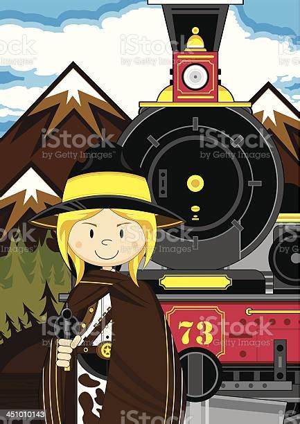 Ilustración De Linda Cowgirl Wild West Tren Escena Y Más Vectores Libres De Derechos De