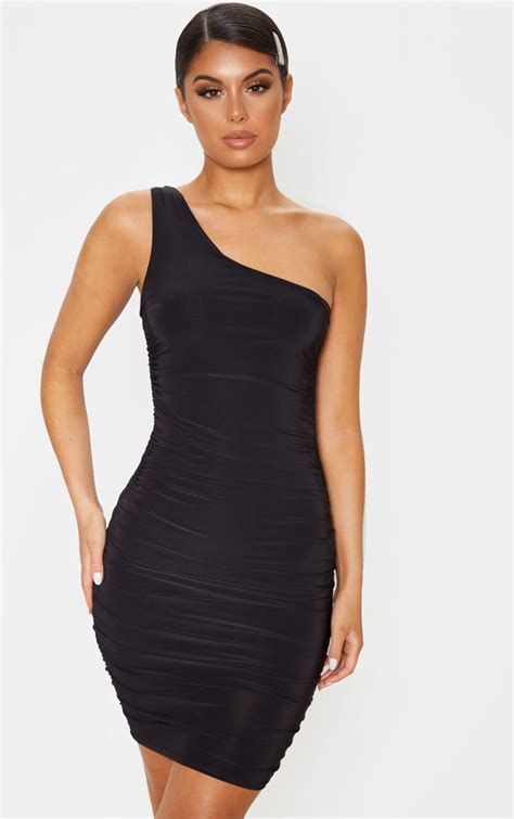 Black Slinky One Shoulder Ruched Bodycon Dress Ruched Bodycon Dress