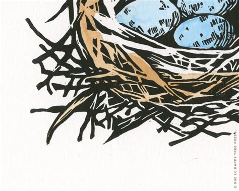 Bird Nest Original Linocut 8 X 10 Art With Blue Etsy