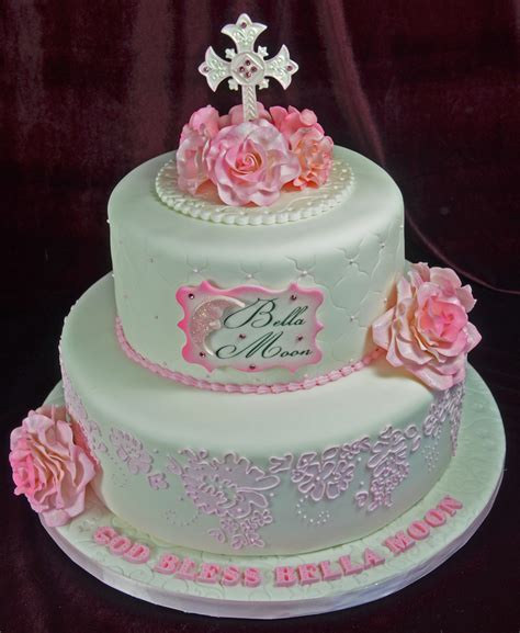 Made to decorate a beautiful wedding table and later served as a yummy sweet dessert. Christening Cake In Pink And White With Pink Sugar Flowers ...