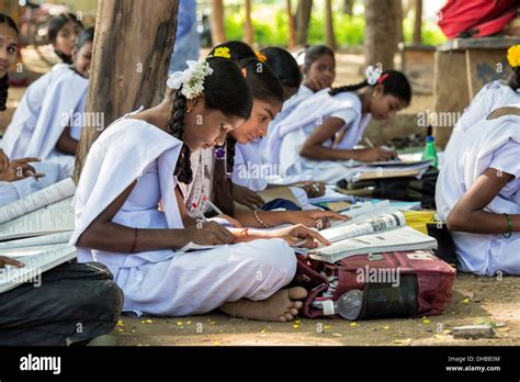 Rural Indian Village High School Girls Writing In Books In An Outside Class Andhra Pradesh