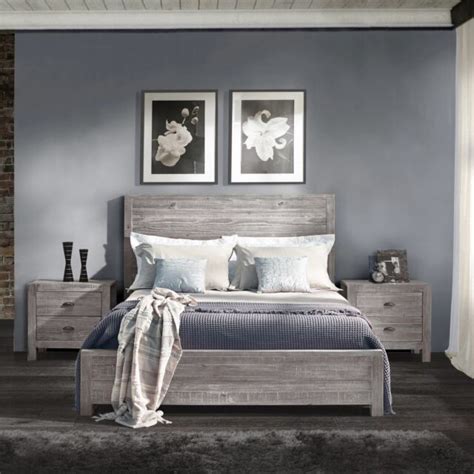 Rustic Grey Grain Wood Furniture Queen Size Solid Wood Panel Bed