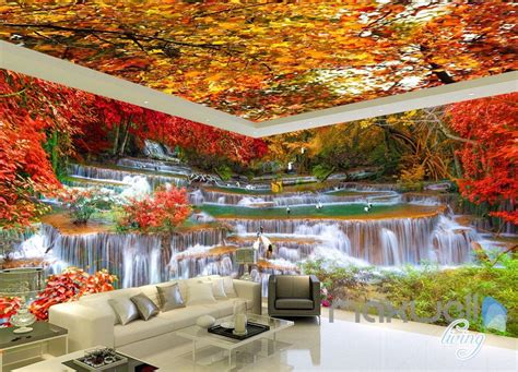 3d Red Forest Waterfall Entire Room Wallpaper Wall Mural