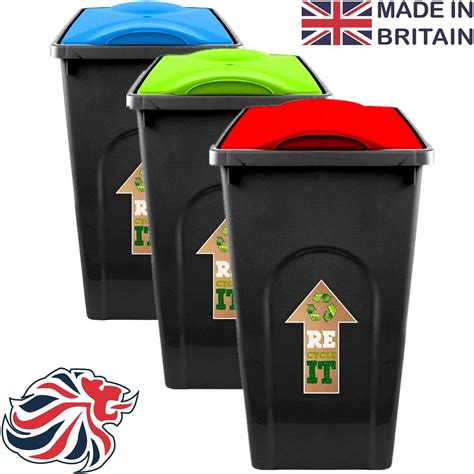 Set Of 3 X 50 Litre 50l Plastic Recycle Recycling Bin With Flap Lid