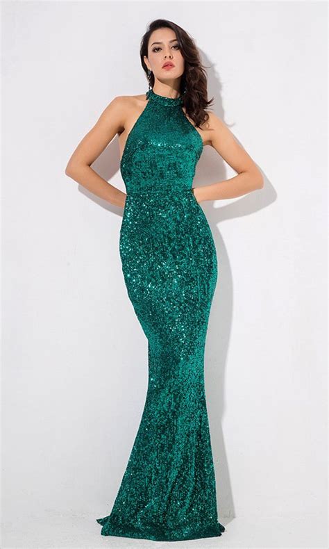 Emerald Isle Green Sequin Sleeveless Mock Neck Backless Halter Fish