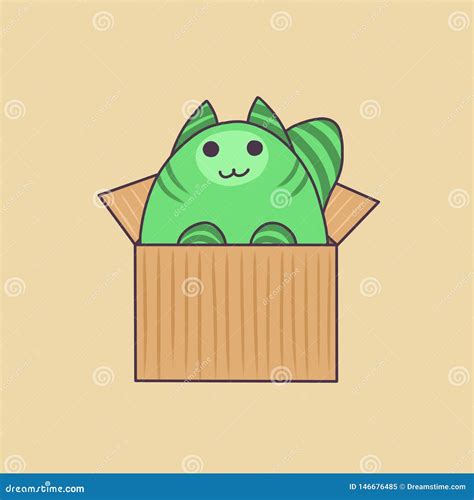 Green Cute Kawaii Cat Looks Out Of The Box Stock Illustration