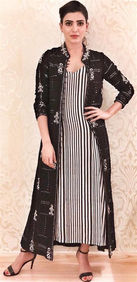 Actress Samantha Ruth Prabhu In A Printed Cape And A Striped Dress By