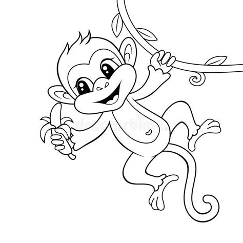 Cute Monkey With Banana Black And White Vector Illustration For