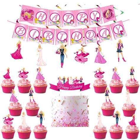 barbi birthday party supplies pack includes 1 banner 1 cake topper 24 cupcake toppers 1 hanging