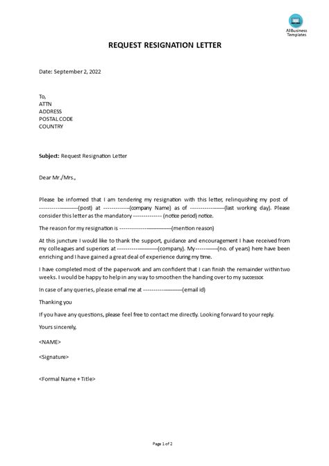 Resignation Letter Template Templates At