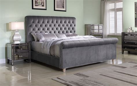 Best Master Furniture Jean Carrie Upholstered Sleigh Bed Eastern King Grey Velvet