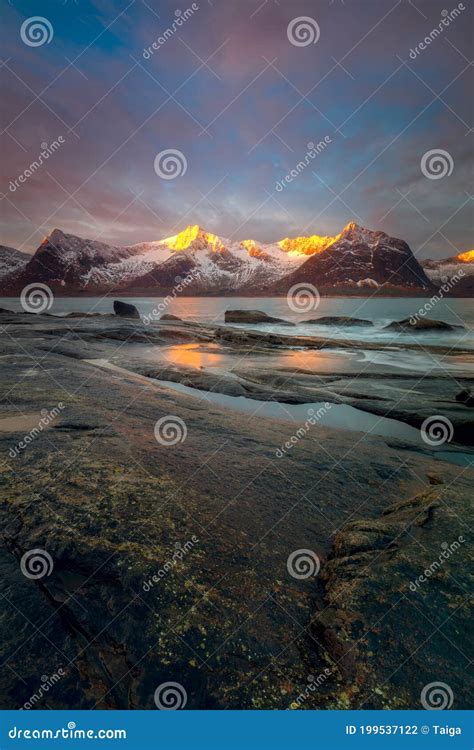 Northern Winter Sea Landscape With Dramatic Sky And Mountains Stock