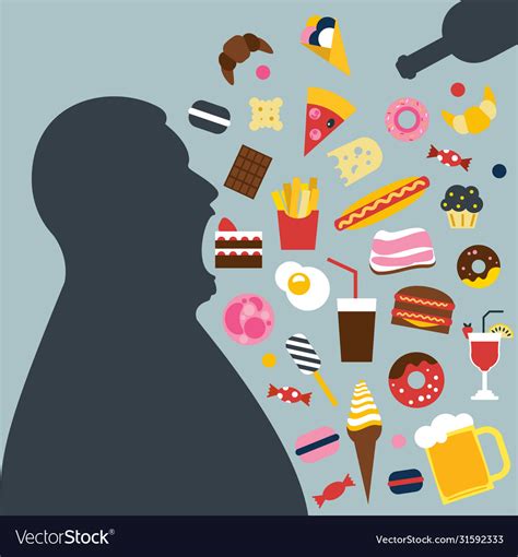 Fat Man Eating A Lot Unhealthy Food Overating Vector Image