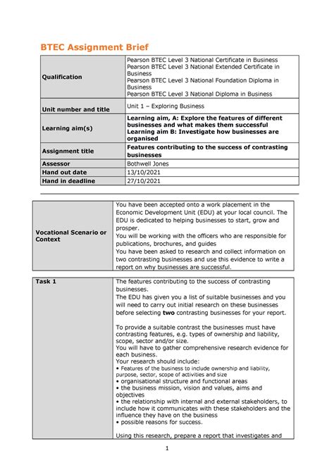Unit 1 Exploring Business Assignment 1 Of 3 1 Btec Assignment Brief Qualification Pearson Btec