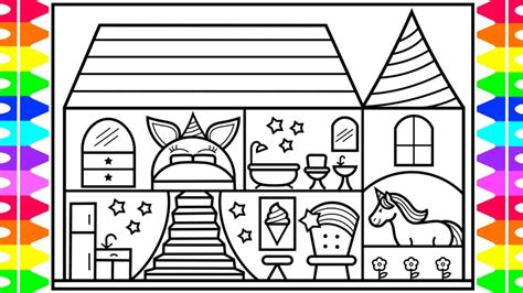 How To Draw A Unicorn House For Kids 🦄💜💚💛💖unicorn House Drawing And