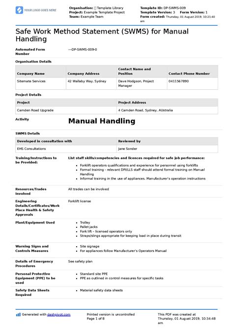 Manual Handling Safe Work Method Statement Free And Editable