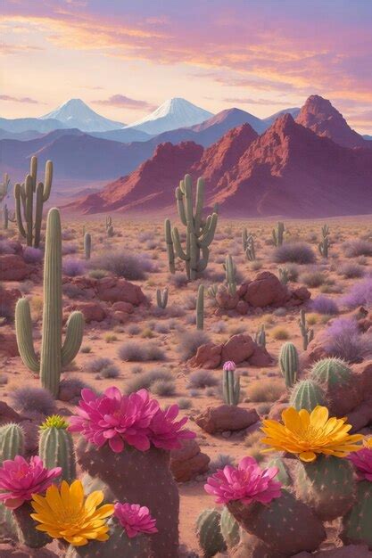 Premium Ai Image Desert Landscape With Flowering Cactuses In Foreground