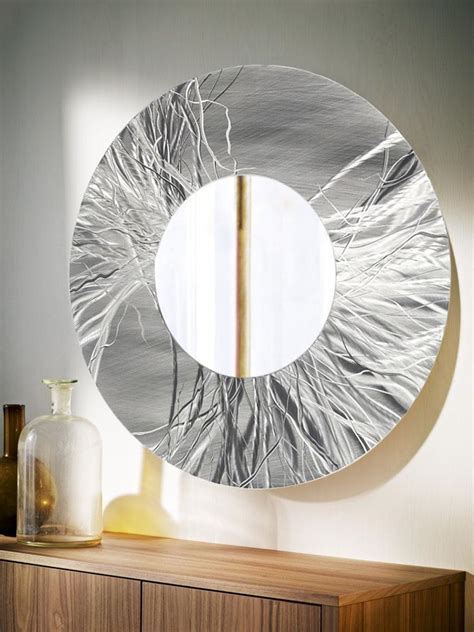 Medium rectangle white beveled glass contemporary mirror (40 in. Large Round Silver Contemporary Metal Wall Mirror Art Accent Decor by Jon Allen