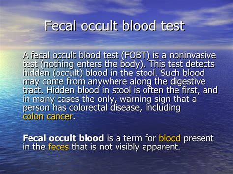 Learn about fecal occult blood test with free interactive flashcards. Stool occult blood test