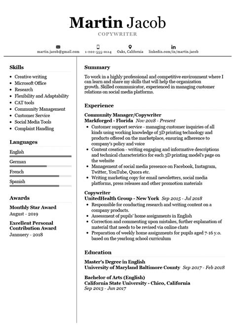 We have professional cv examples from experts in your industry. Copywriter Resume Example | CV Sample 2020 - ResumeKraft