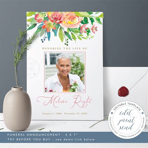 Spring Flower Funeral Announcement Template Celebration Of Etsy