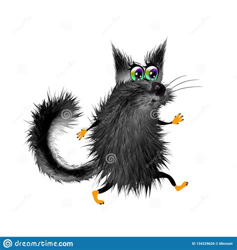 Cute Fluffy Cartoon Black Cat Coming On Light Background