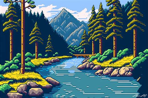 Mountain River Landscape Pixel Art Gráfico Por Alone Art · Creative Fabrica