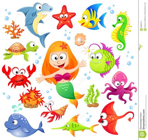 Big Set Of Cute Cartoon Sea Animals And Mermaid Stock Vector