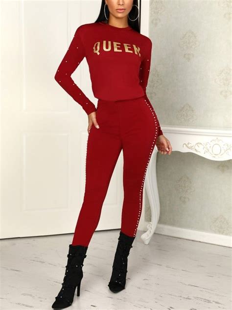 skinny beading side letter print pantsuits chic type sweat shirt pantsuits for women top