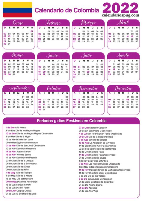 Calendarios 2022 De Colombia Para Imprimir
