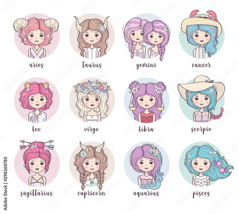 Set Of Cute Zodiac Girls Zodiac Signs Collection Sagittarius