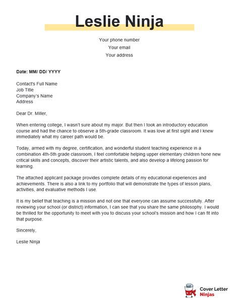 Cover Letter For Elementary Teacher Writing Tips Cover Letter Ninjas